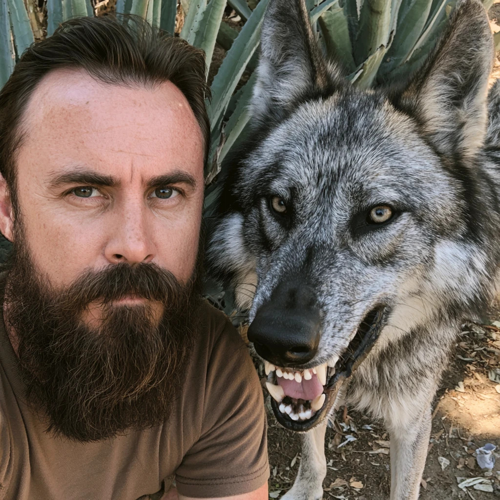 Homem barbudo ao lado de lobo feroz à luz natural do dia