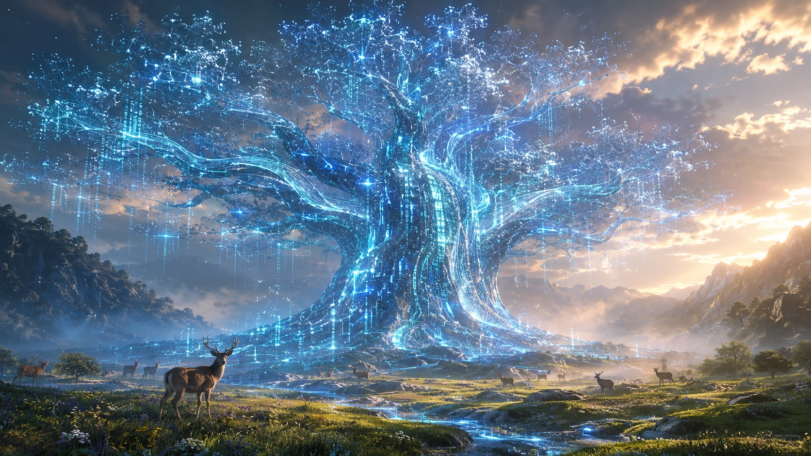Ancient Data Tree Rising In A Peaceful Digital Valley