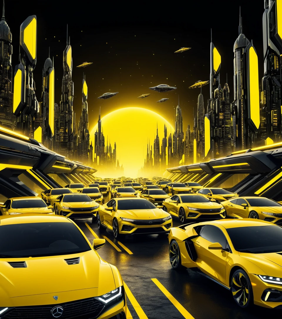 Cidade cyber futurista com carros pretos e luzes de néon amarelas