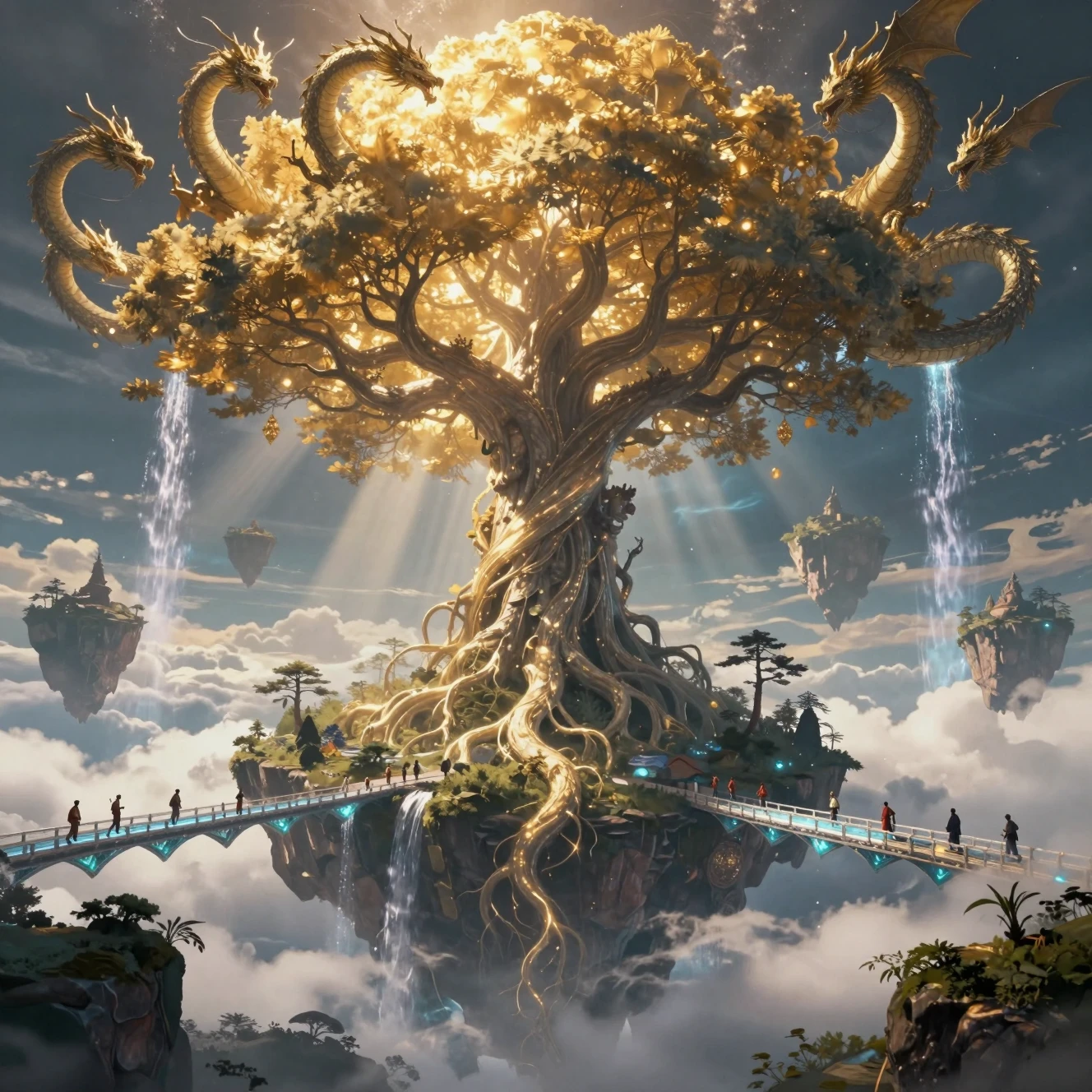 Colossale albero celestiale che svetta sopra isole fluttuanti fantasy
