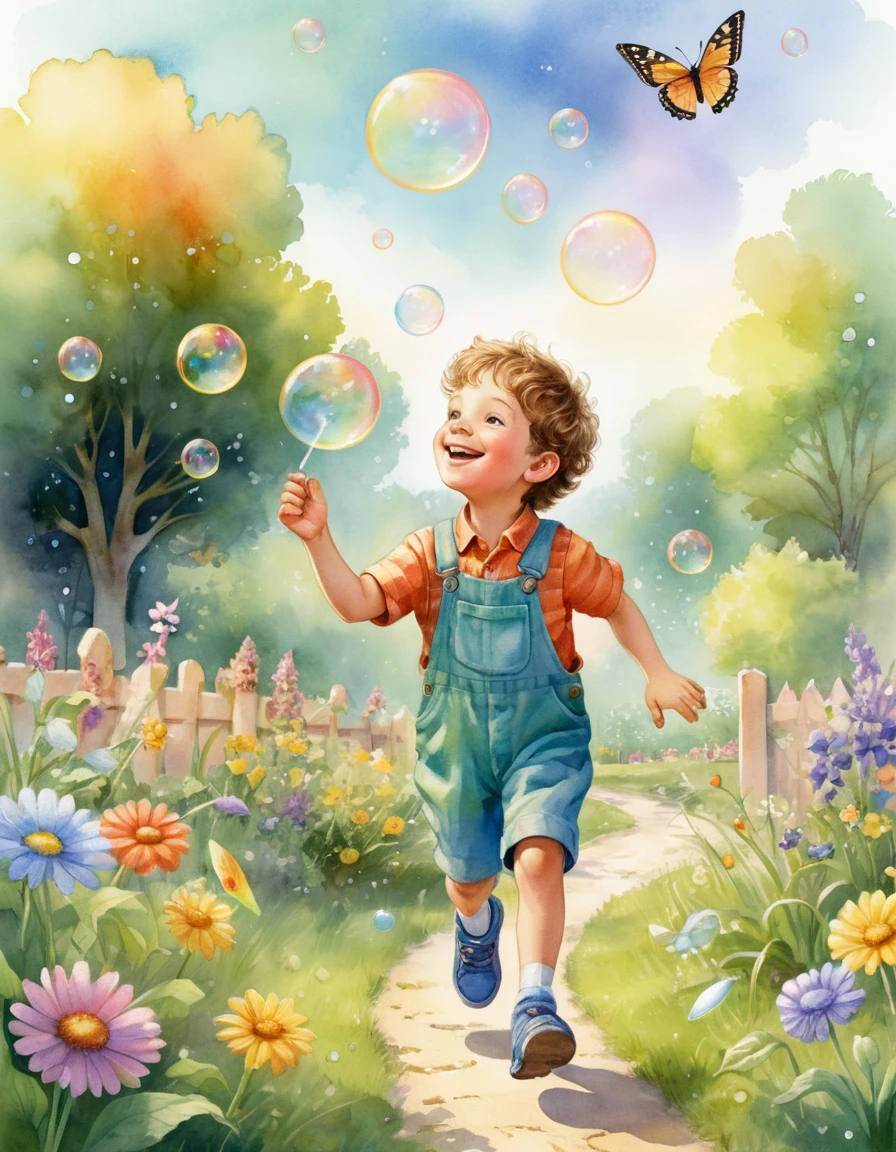 Ilustração de menino soprando bolhas em um jardim ensolarado
