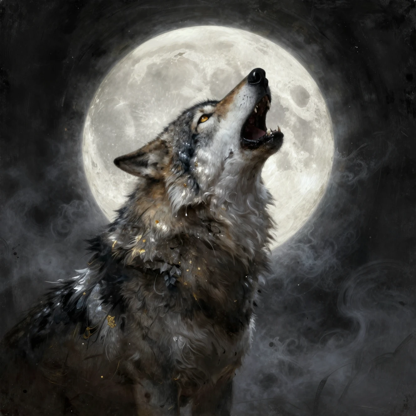 Lobo uivando silhuetado contra a lua cheia radiante
