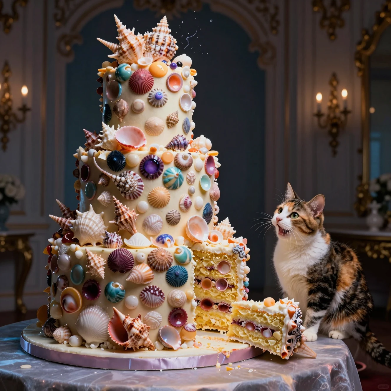 Fantasy seashell wedding cake with smiling cat companion