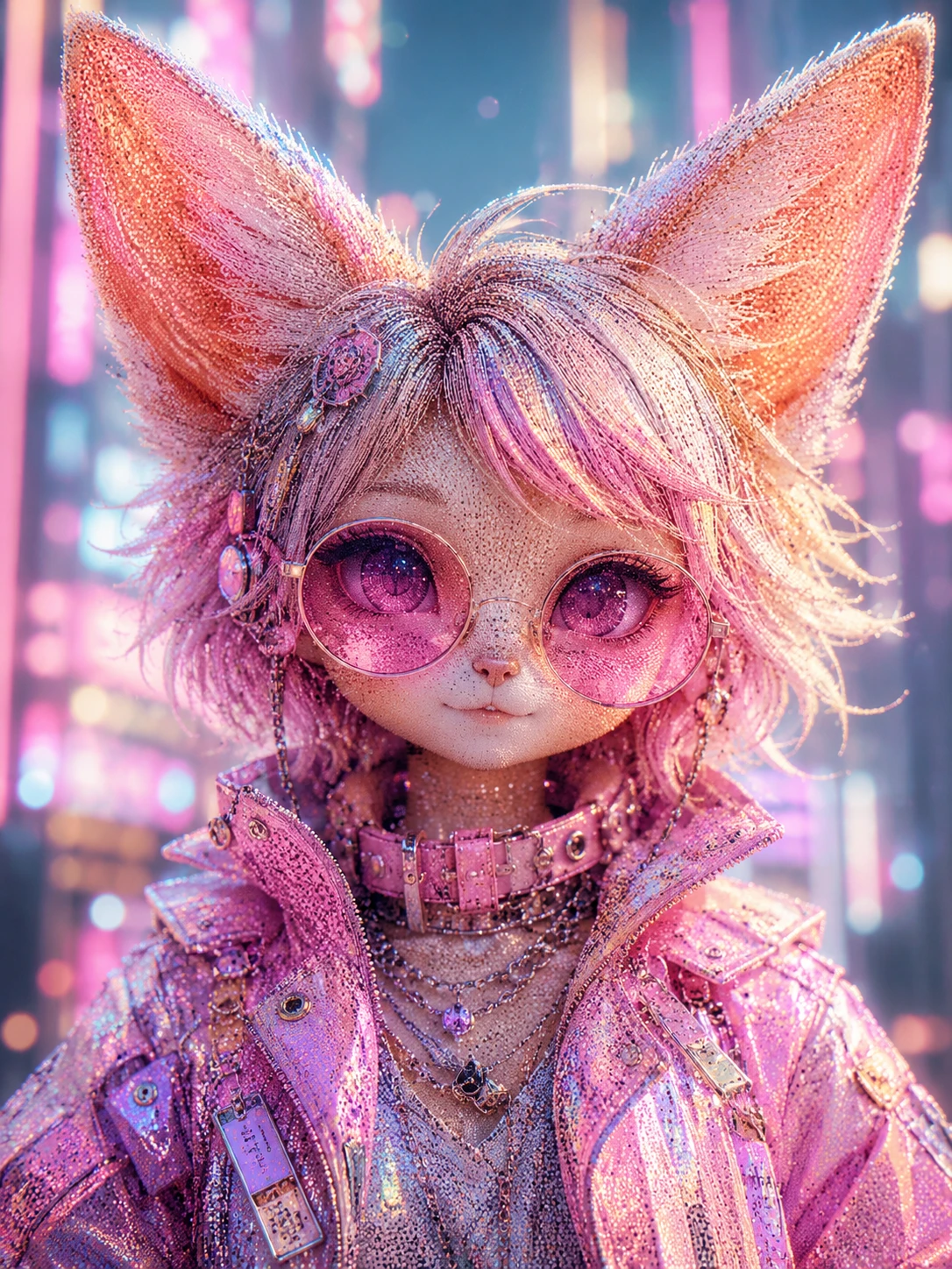 戴粉紅太陽眼鏡的點描賽博龐克耳廓狐少女