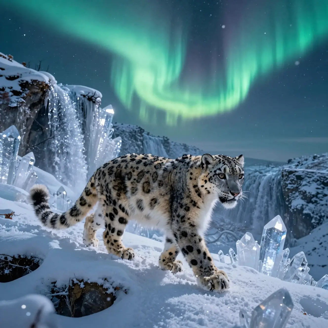 Snow leopard crossing icy cliffs under glowing aurora sky