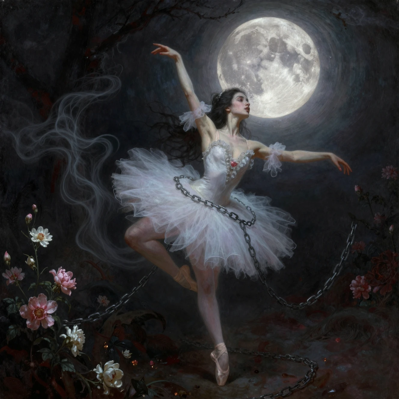 Bailarina etérea dançando sob um eclipse lunar vermelho sangue