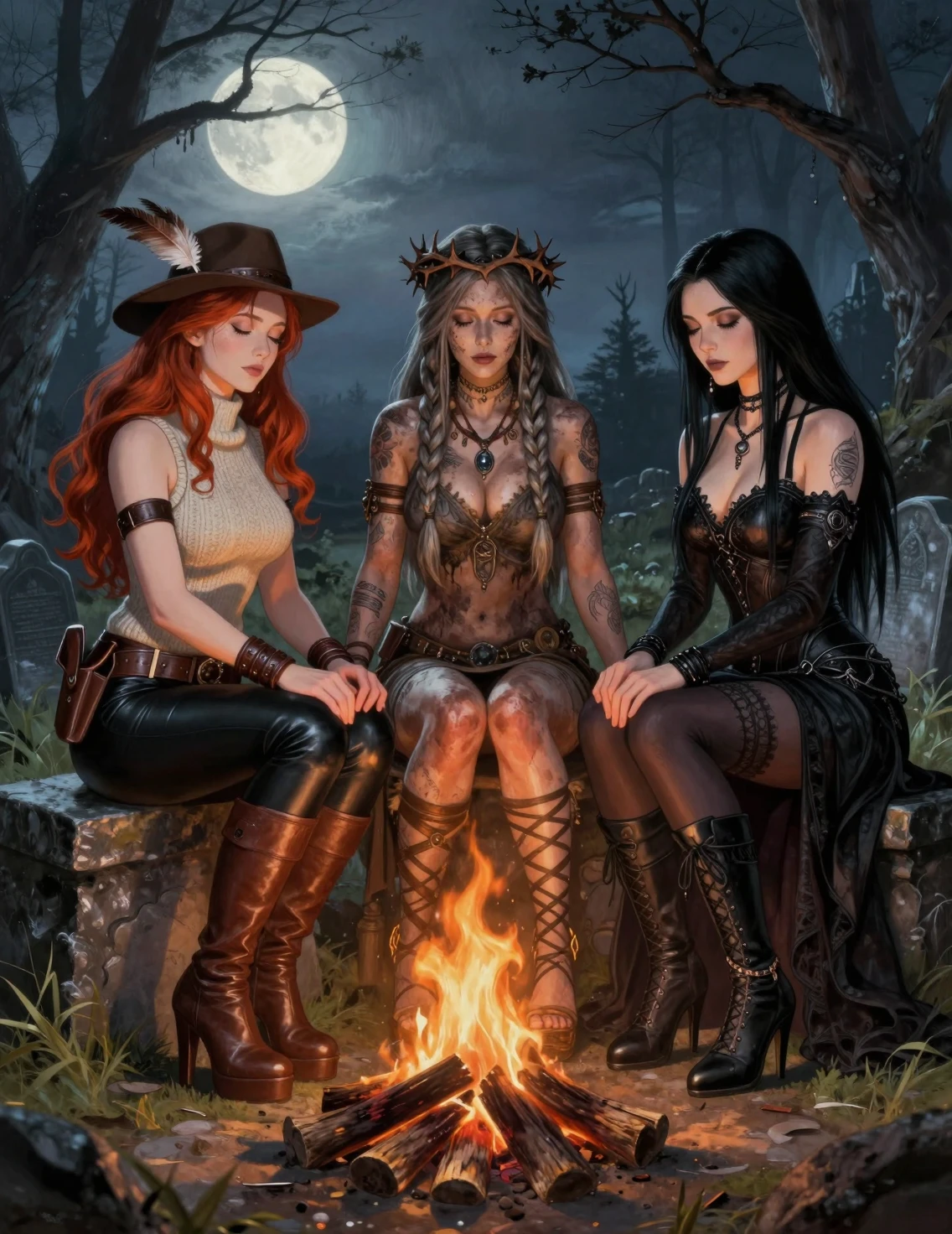 Three women around a bonfire in a dark cemetery circle