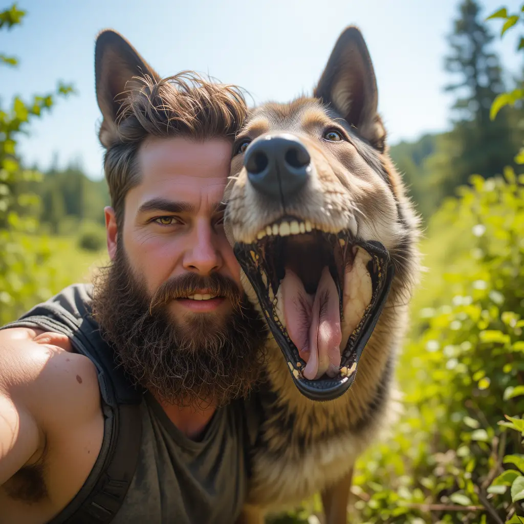 Bearded man taking a close selfie with a wolf like dog