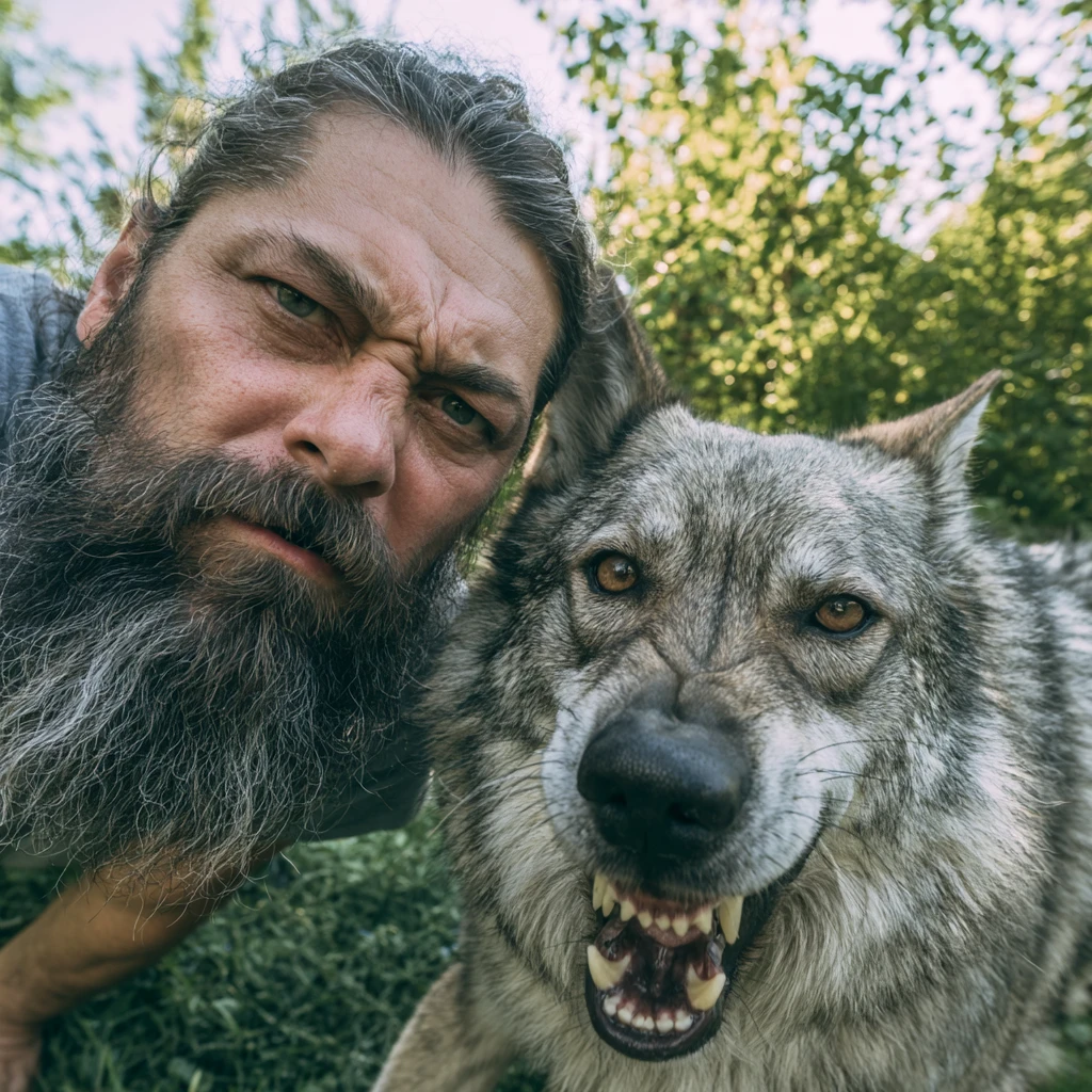 Homem barbudo tirando selfie de perto com um cão parecido com lobo