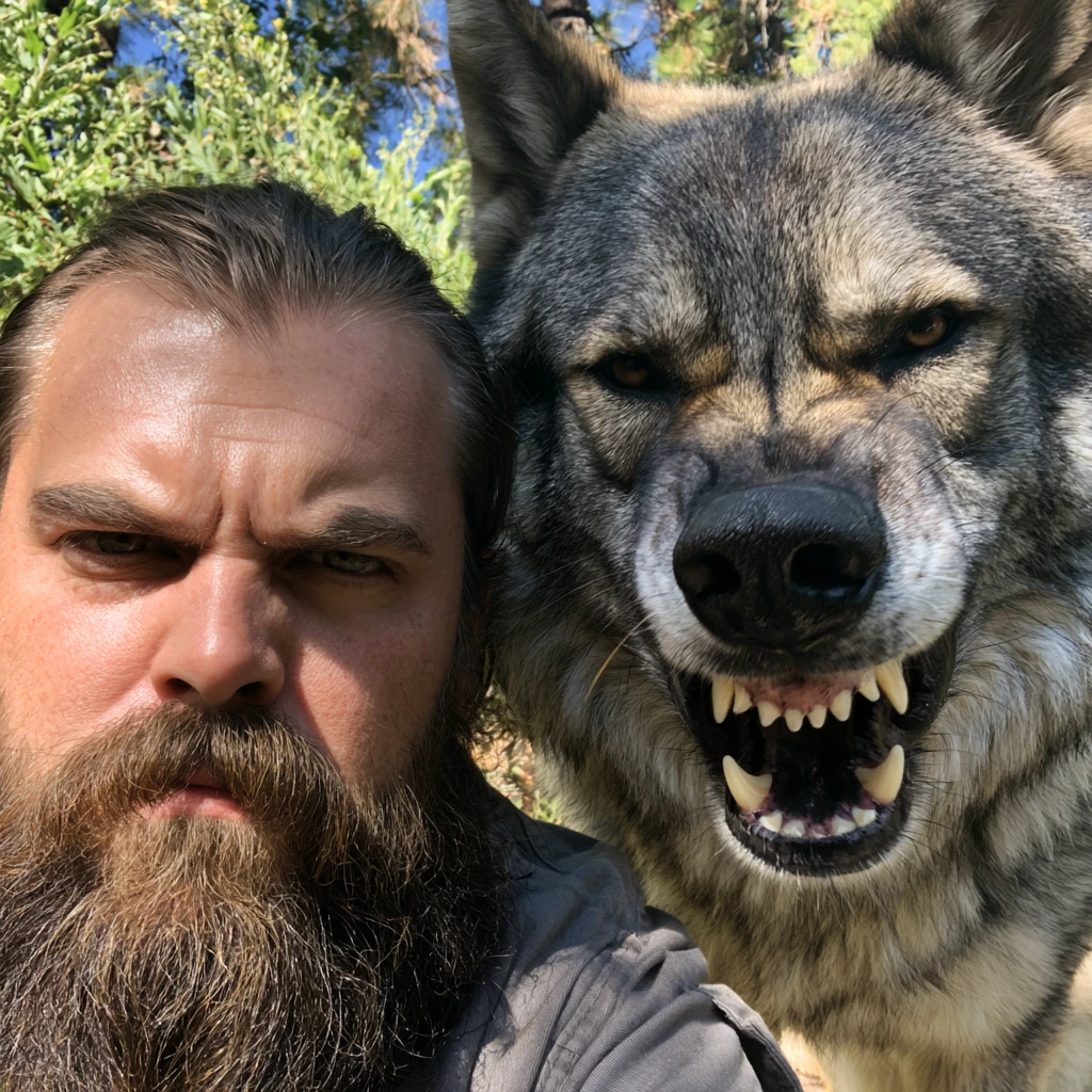 ひげを生やした男性とオオカミ犬のクローズアップ、陽だまりの緑の中で