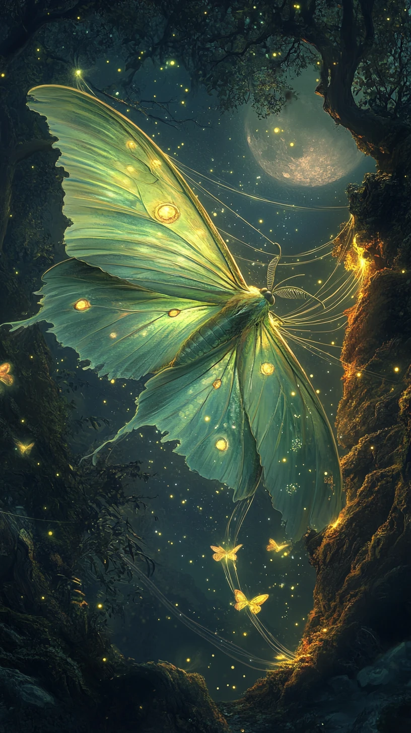 Mariposa‑luna tecendo seda brilhante entre árvores ao luar