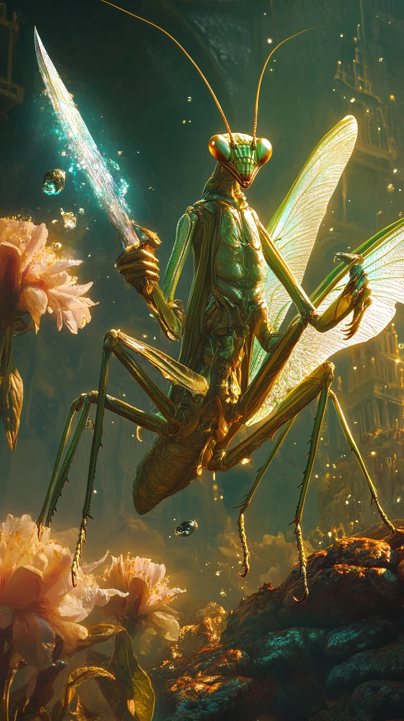 Heroic mantis warrior atop towering temple like flowers