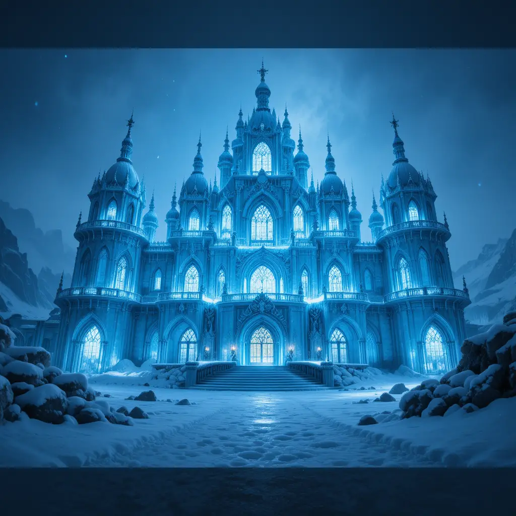 Crystal Ice Palace Glowing In A Frozen Fantasy Storm