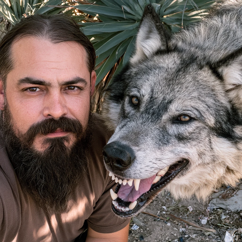 Homem barbudo ao lado de lobo cinzento feroz em luz natural