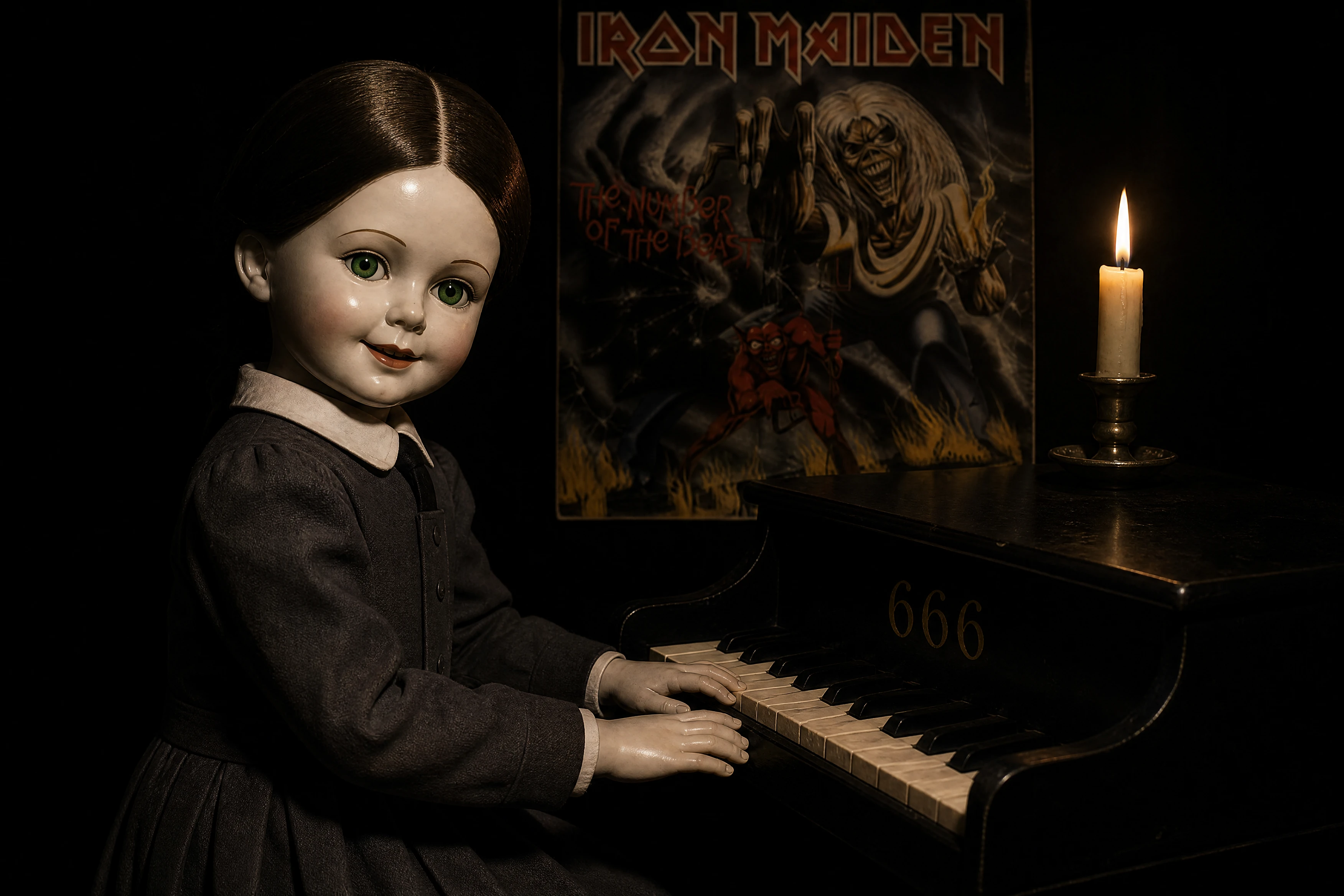 Boneca escolar de porcelana assustadora tocando piano na escuridão