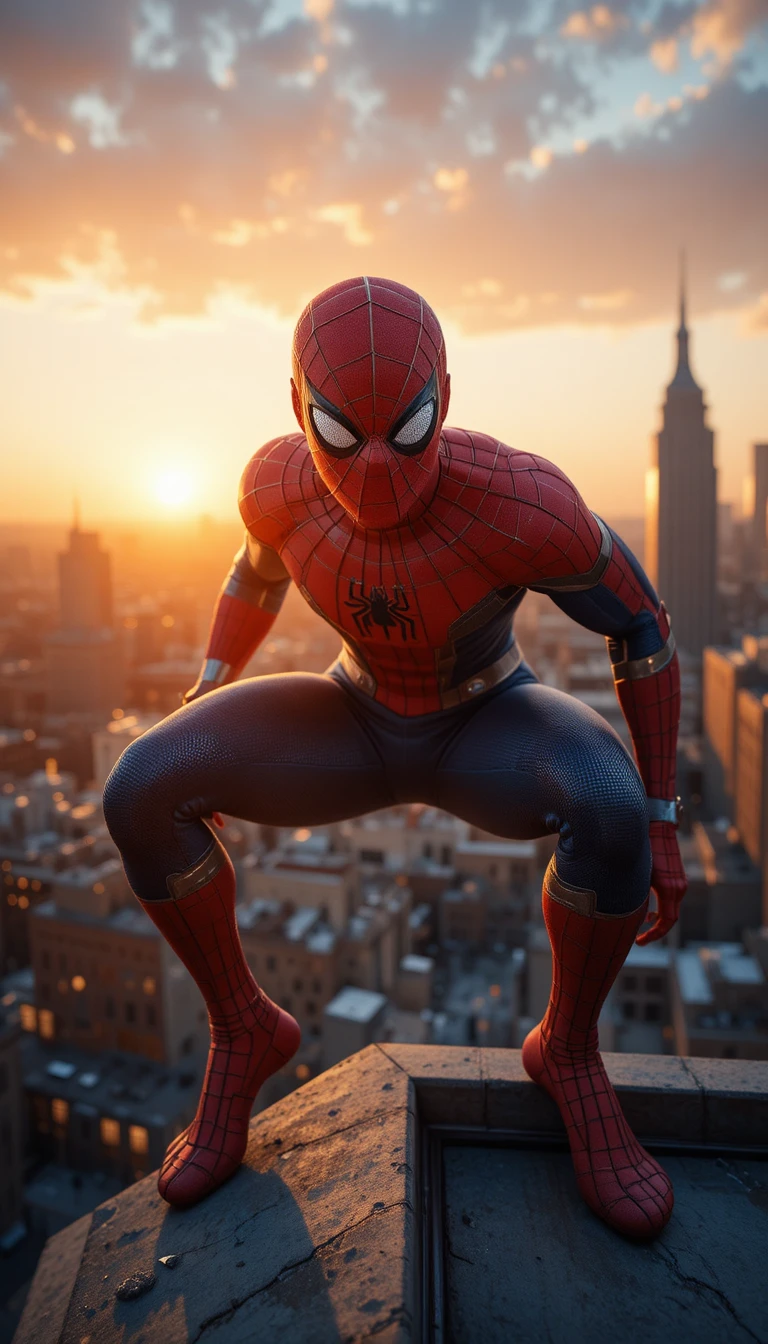 Super-herói em pé no topo de arranha-céu ao pôr do sol brilhante