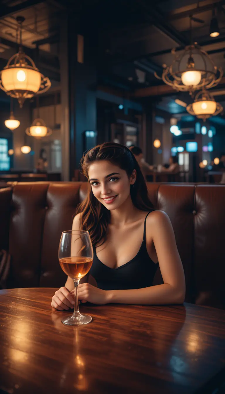 Woman in black dress at restaurant table at night