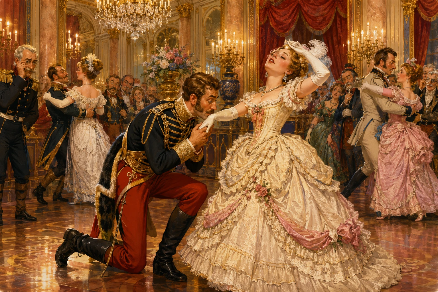 Oficial de hussardos beijando uma dama aristocrática em um grande baile
