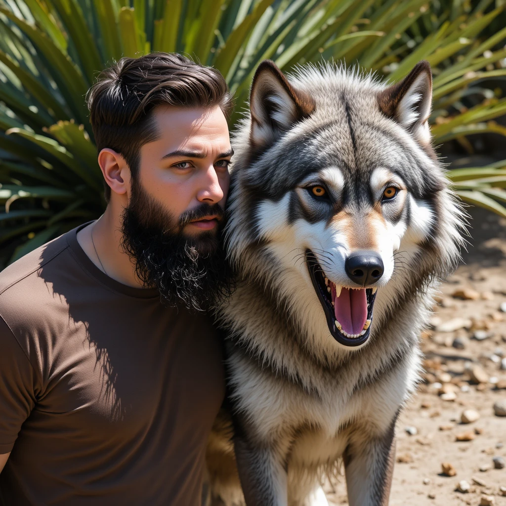 Homem barbudo em pé ao lado de um feroz lobo cinza ao ar livre