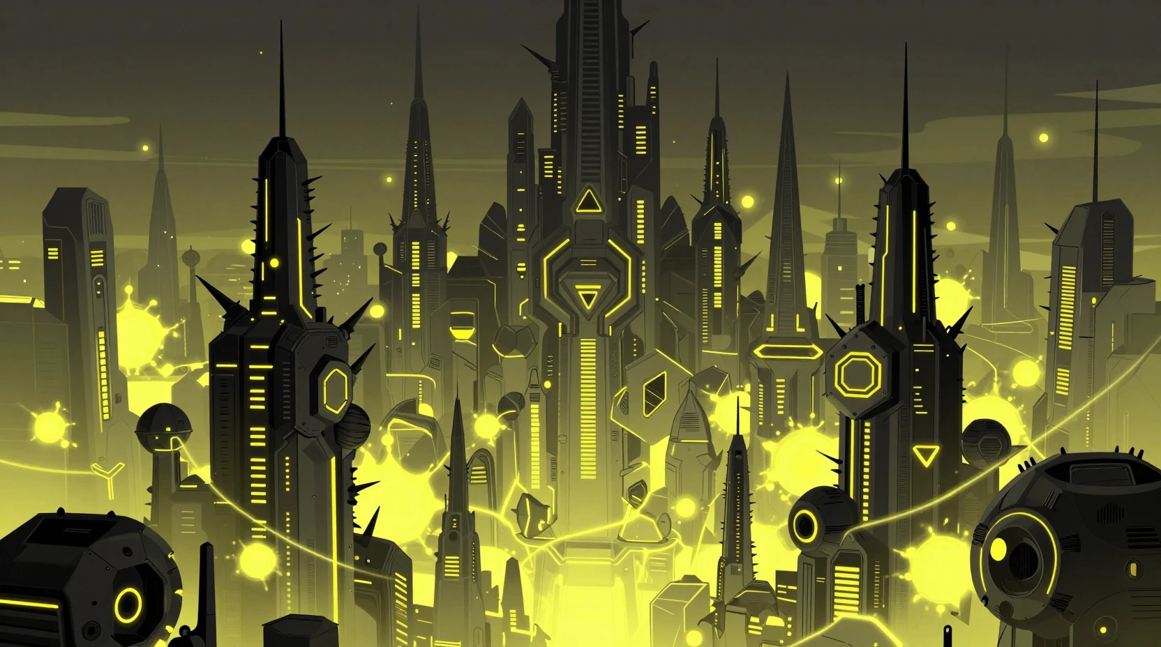 Cidade futurista de ficção científica com imponentes arranha‑céus mecânicos em forma de torre