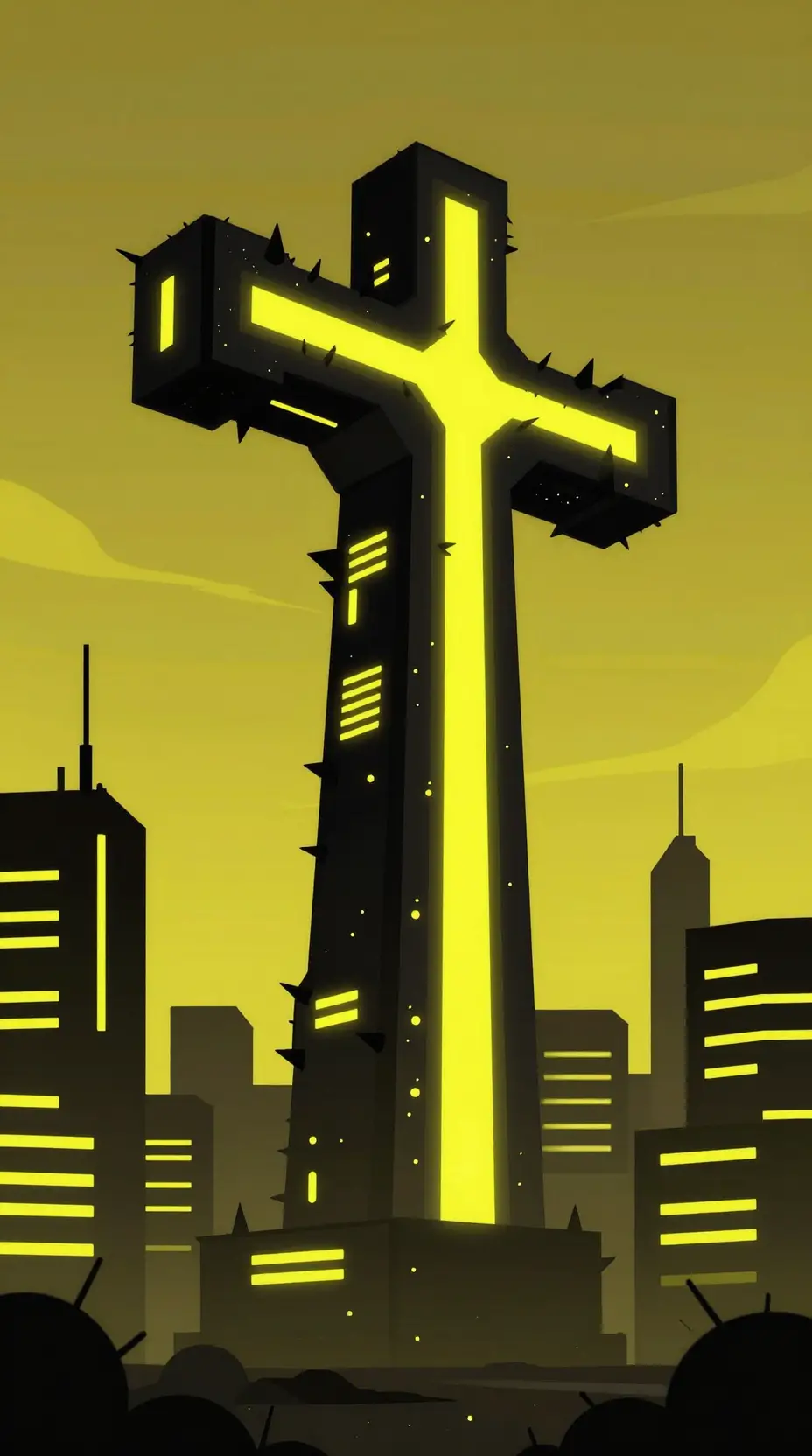 Futuristic T shaped tower rising over neon sci fi city