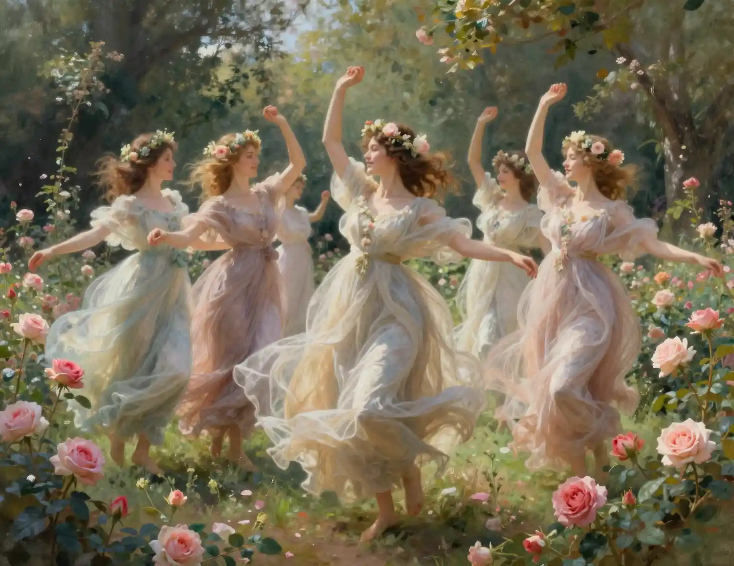 Tanzende Maidens in fließenden Kleidern in einem Rosengarten