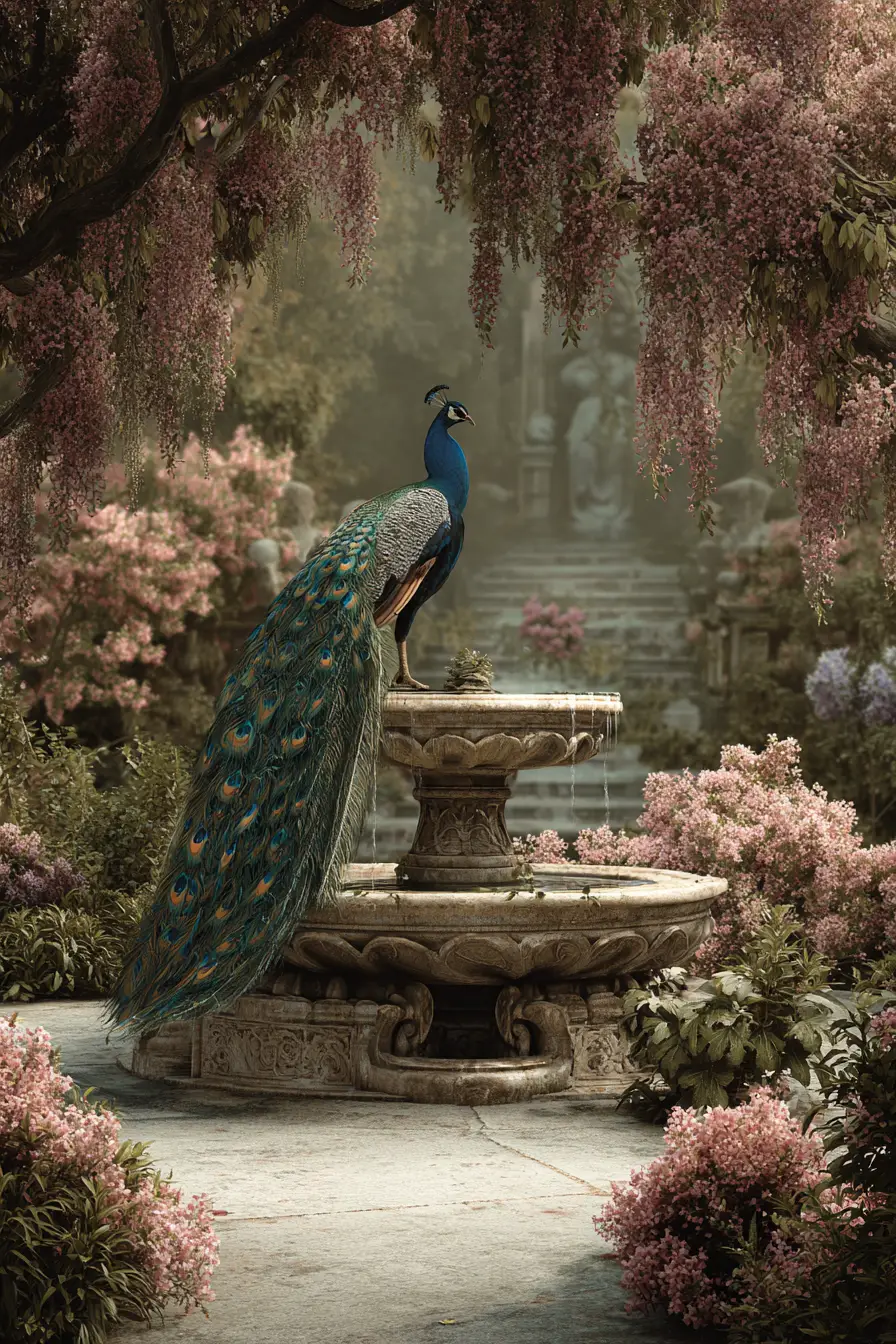 Majestic peacock garden with fountains and floral beauty