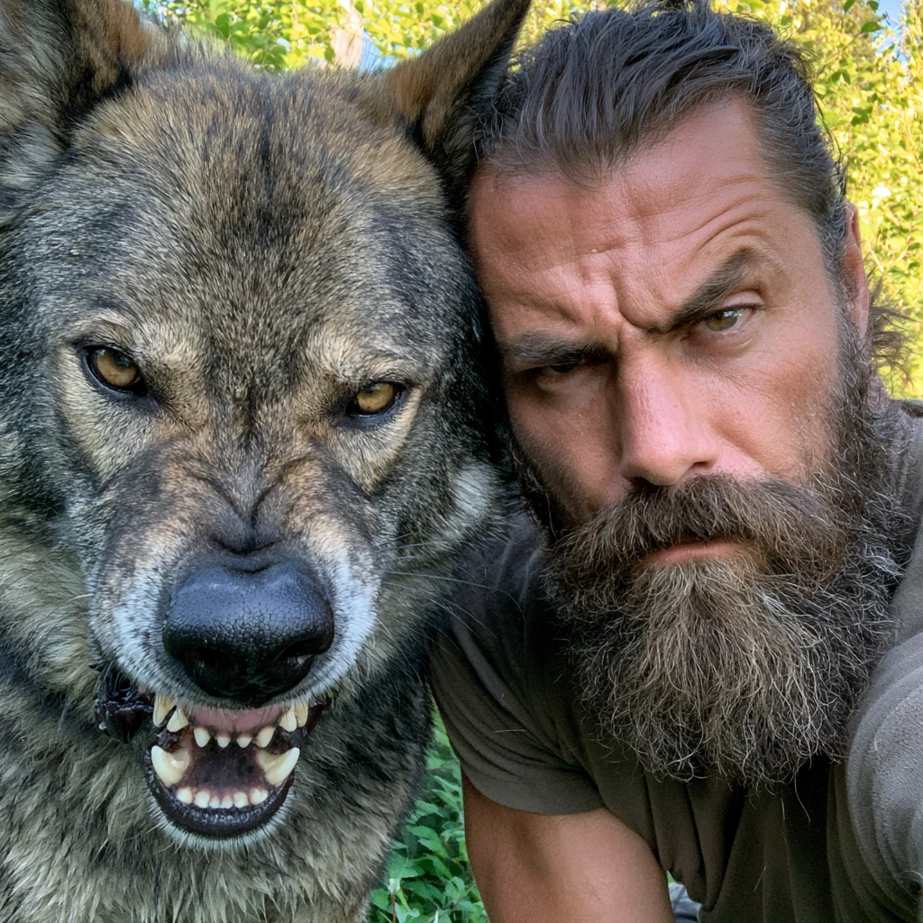Uomo barbuto in primo piano con cane simile a un lupo all'aperto