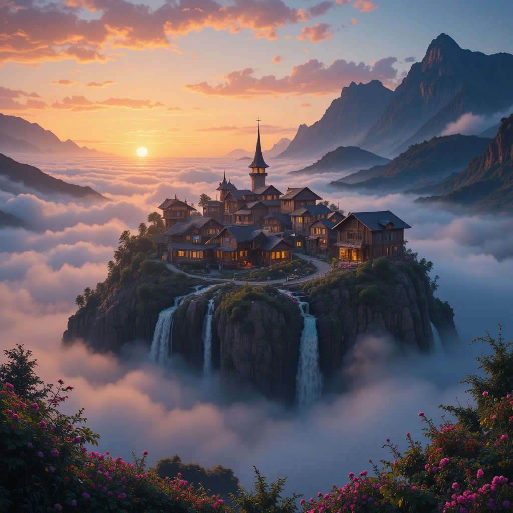 Peaceful mountain village above glowing clouds at sunrise