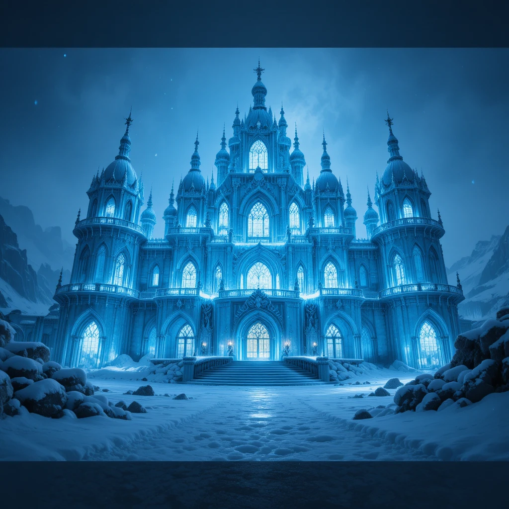 Palácio de Gelo de Cristal Brilhando em uma Tempestade Fantástica Congelada