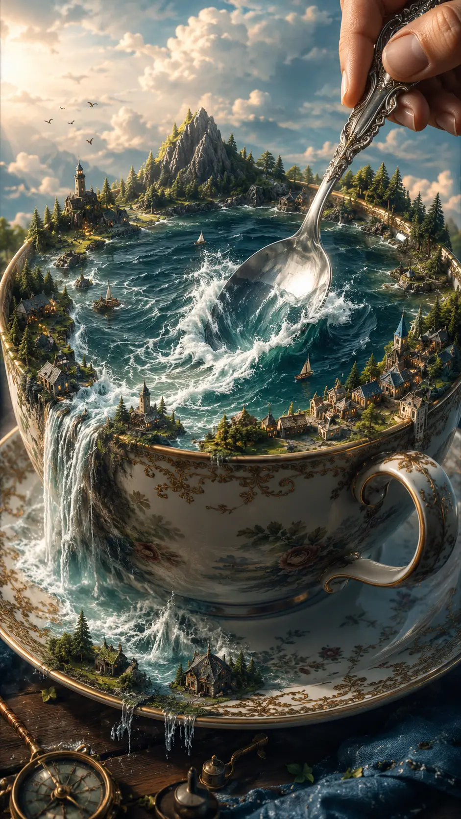 Mondo nella tazza da tè gigante con fiumi, foreste e piccoli villaggi