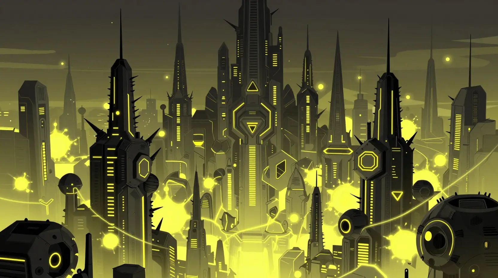 Ville futuriste de science‑fiction aux immenses gratte‑ciel mécaniques en forme de flèches
