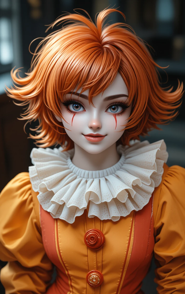 Smiling red haired clown in bright orange costume