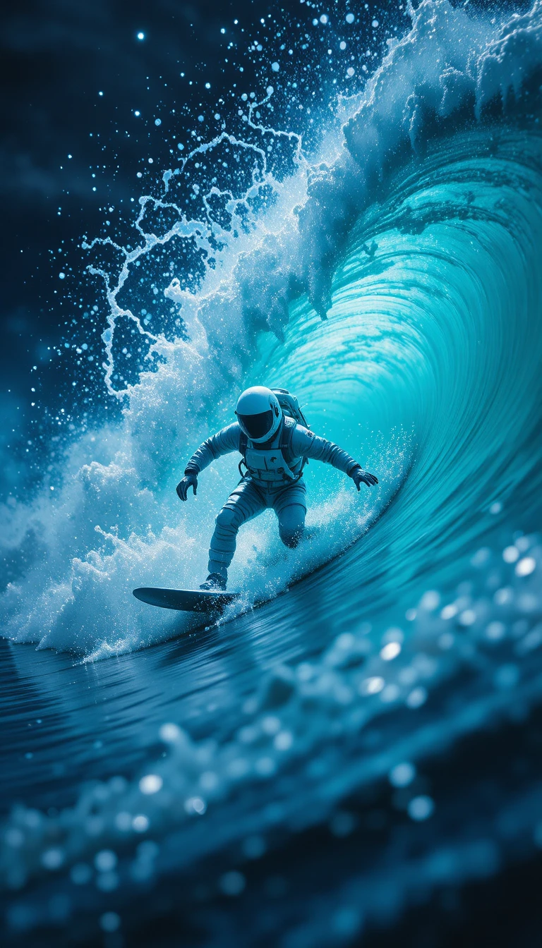 Surfista astronauta cavalgando uma onda cintilante no oceano noturno