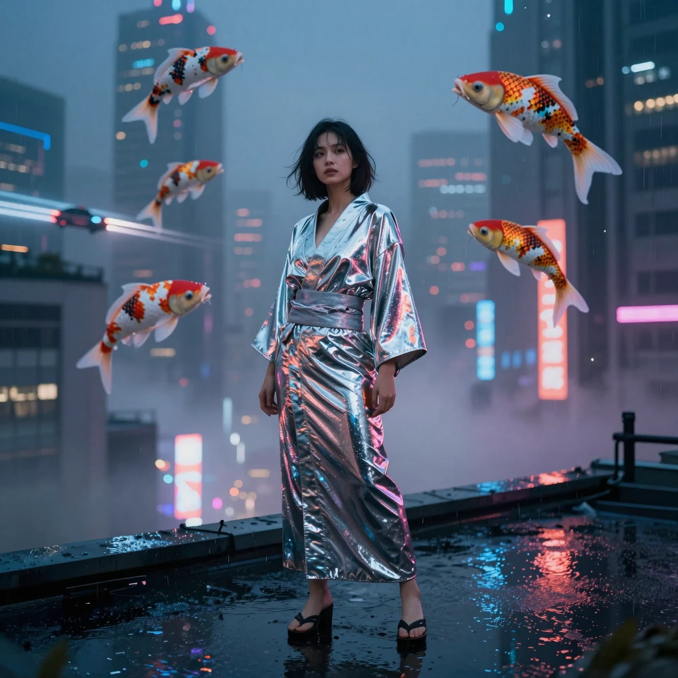 Mulher de quimono cromado em um terraço neon na chuva