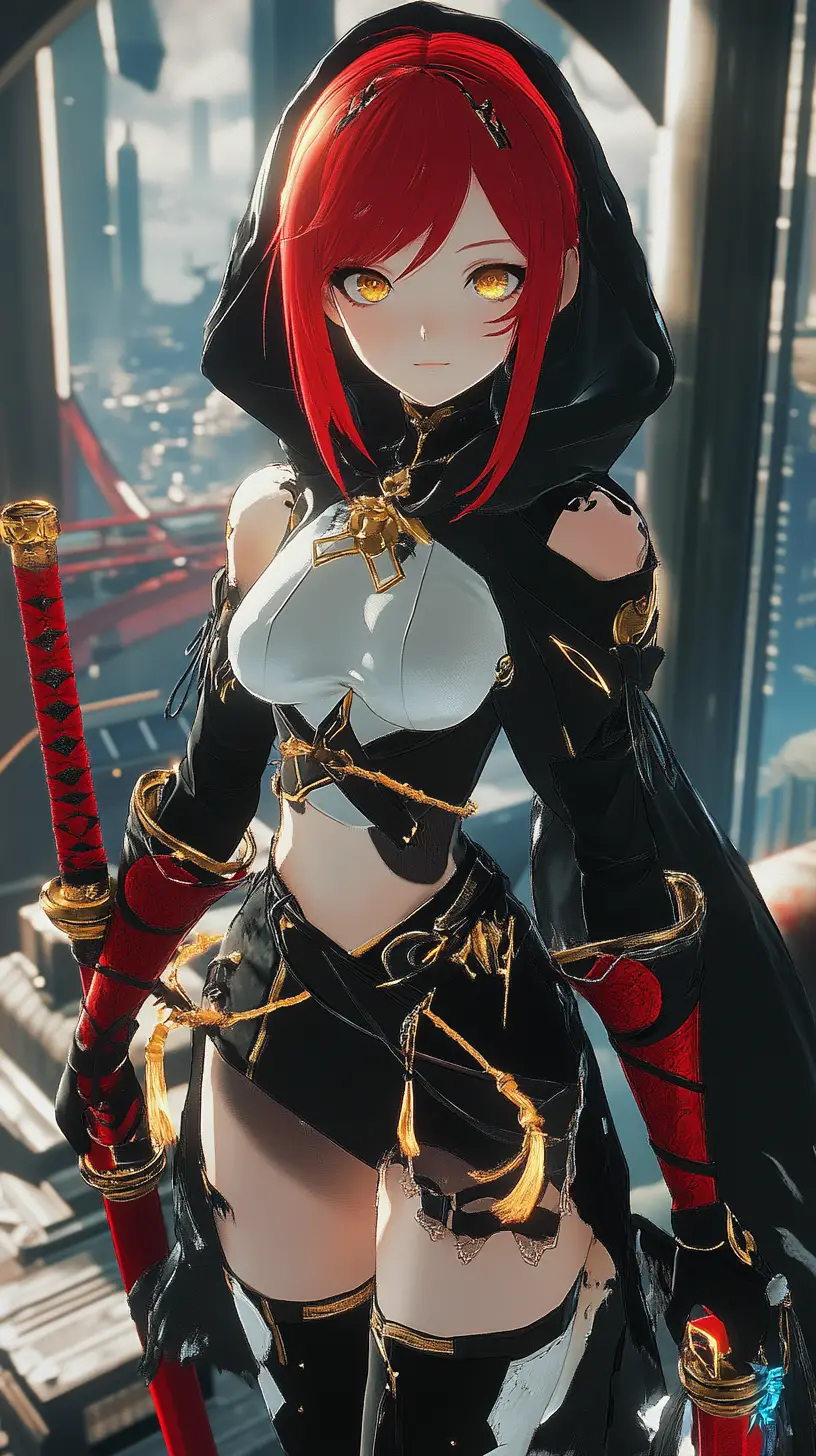 Anime-Mädchen in prunkvollem Outfit in einem dämmrigen Saal