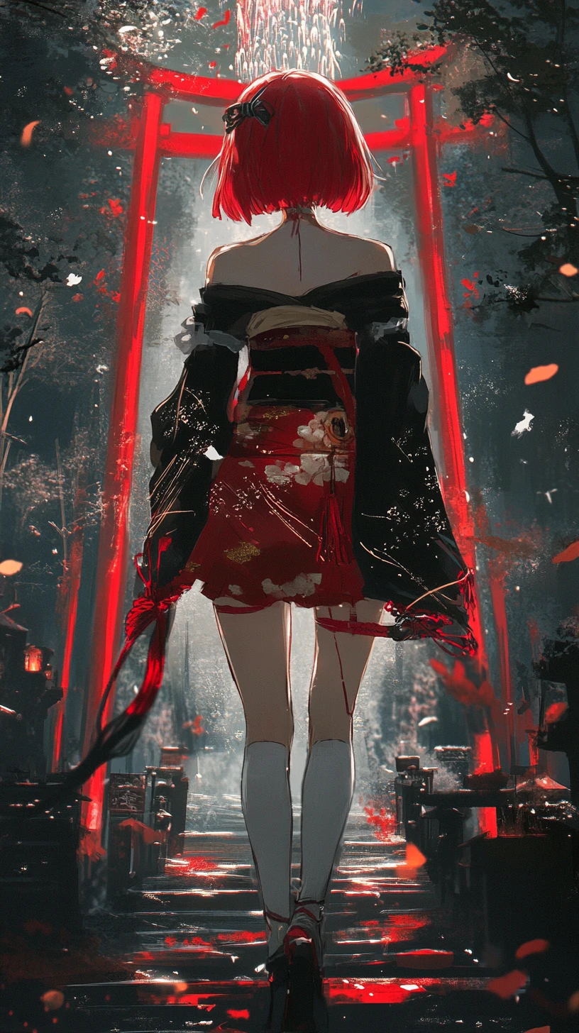 Anime-Mädchen im prunkvollen Outfit auf einem nächtlichen Tempelfest