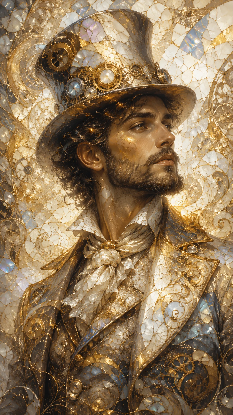 Homem steampunk com detalhes dourados brilhantes em mosaico abstrato
