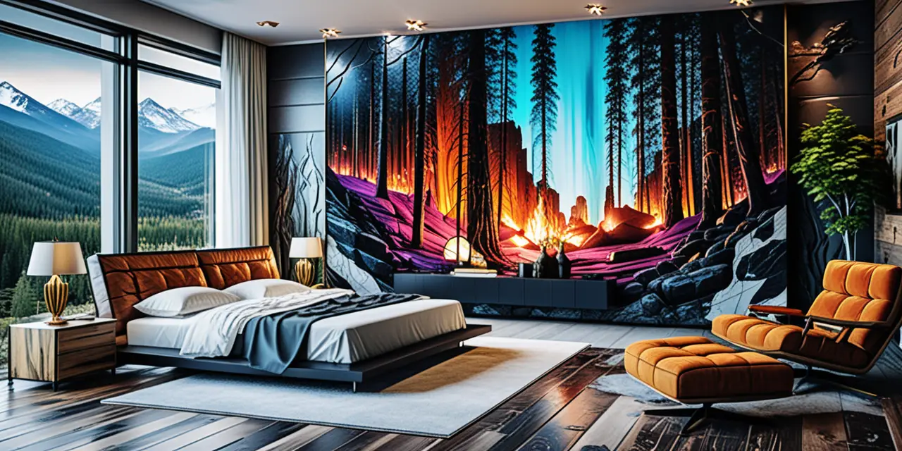 Luxuriöses Arbeitszimmer voller dramatischer Waldbrand-Gemälde