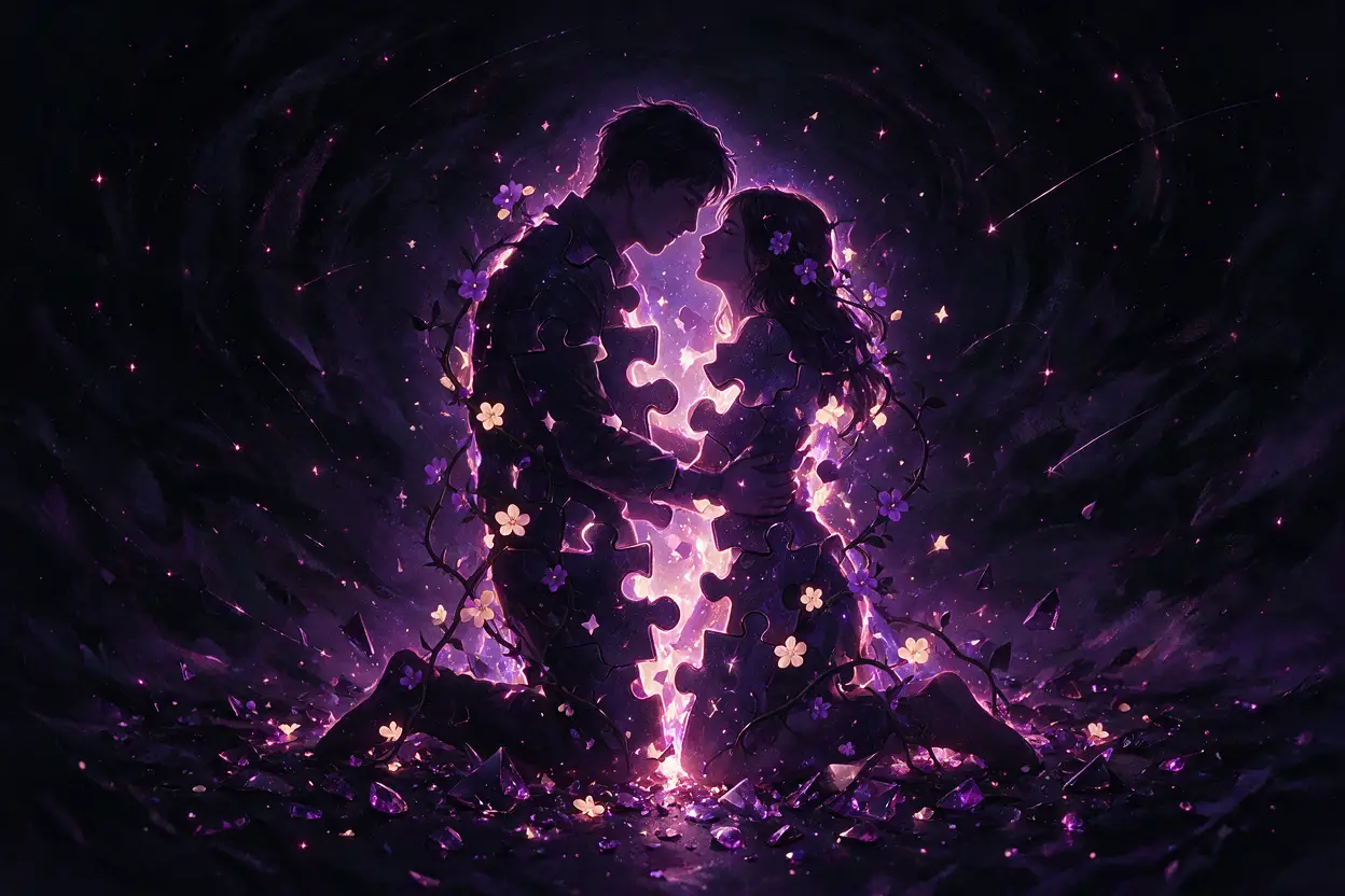 Forme viola astratte allineate come un puzzle completato