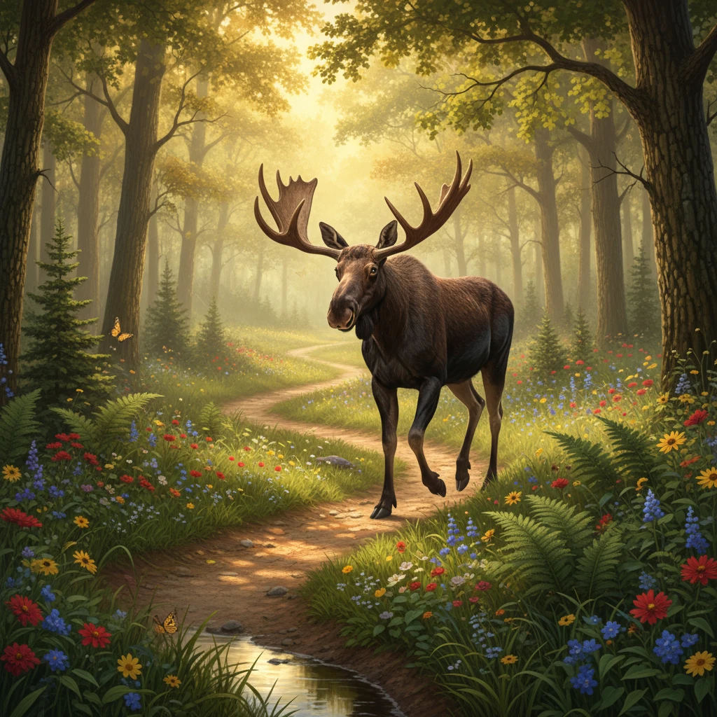 Maestoso alce che cammina lungo un sentiero soleggiato nel bosco