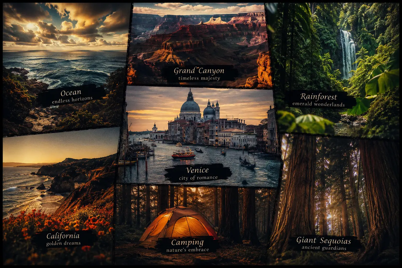 Vibrant photo collage of serene natural landscapes