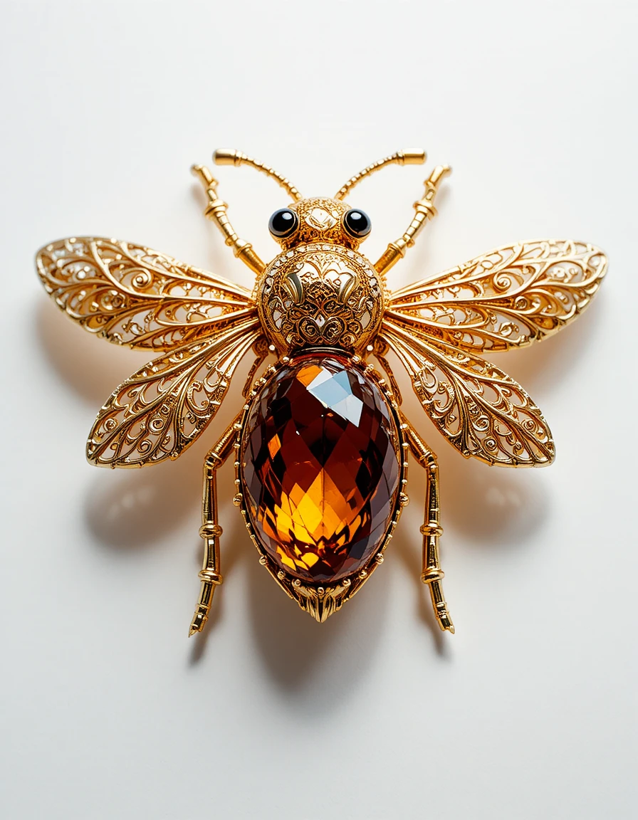 Goldene Bienenbrosche als Makroaufnahme vor sauberem weißem Hintergrund