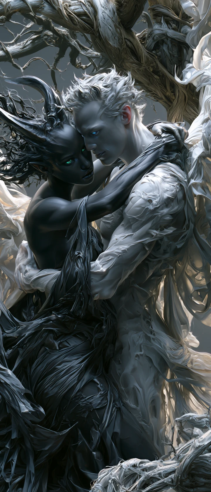 Demon woman embracing angel in a moonlit mystical garden