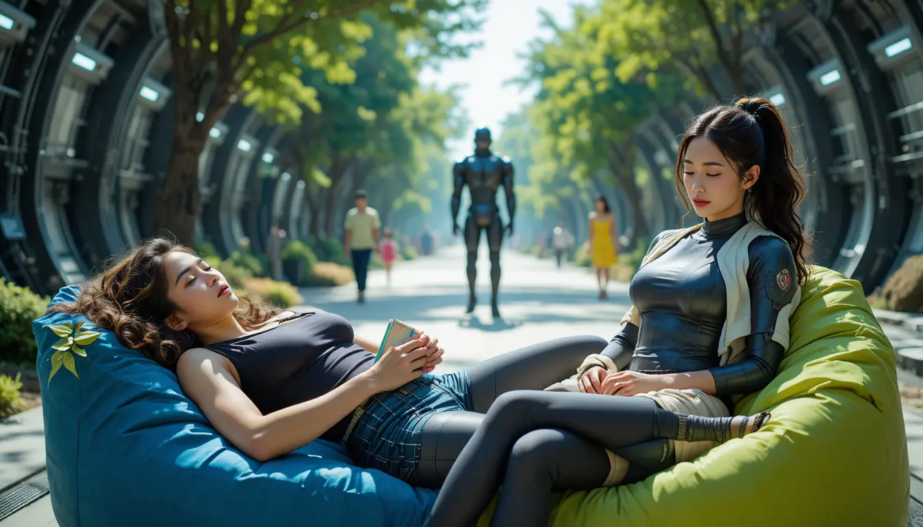 Friends relaxing on colorful beanbags in a sunny park