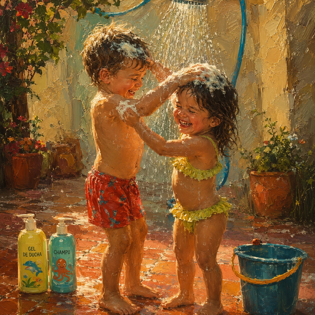 Irmãos pequenos brincando sob um chuveiro de verão no pátio