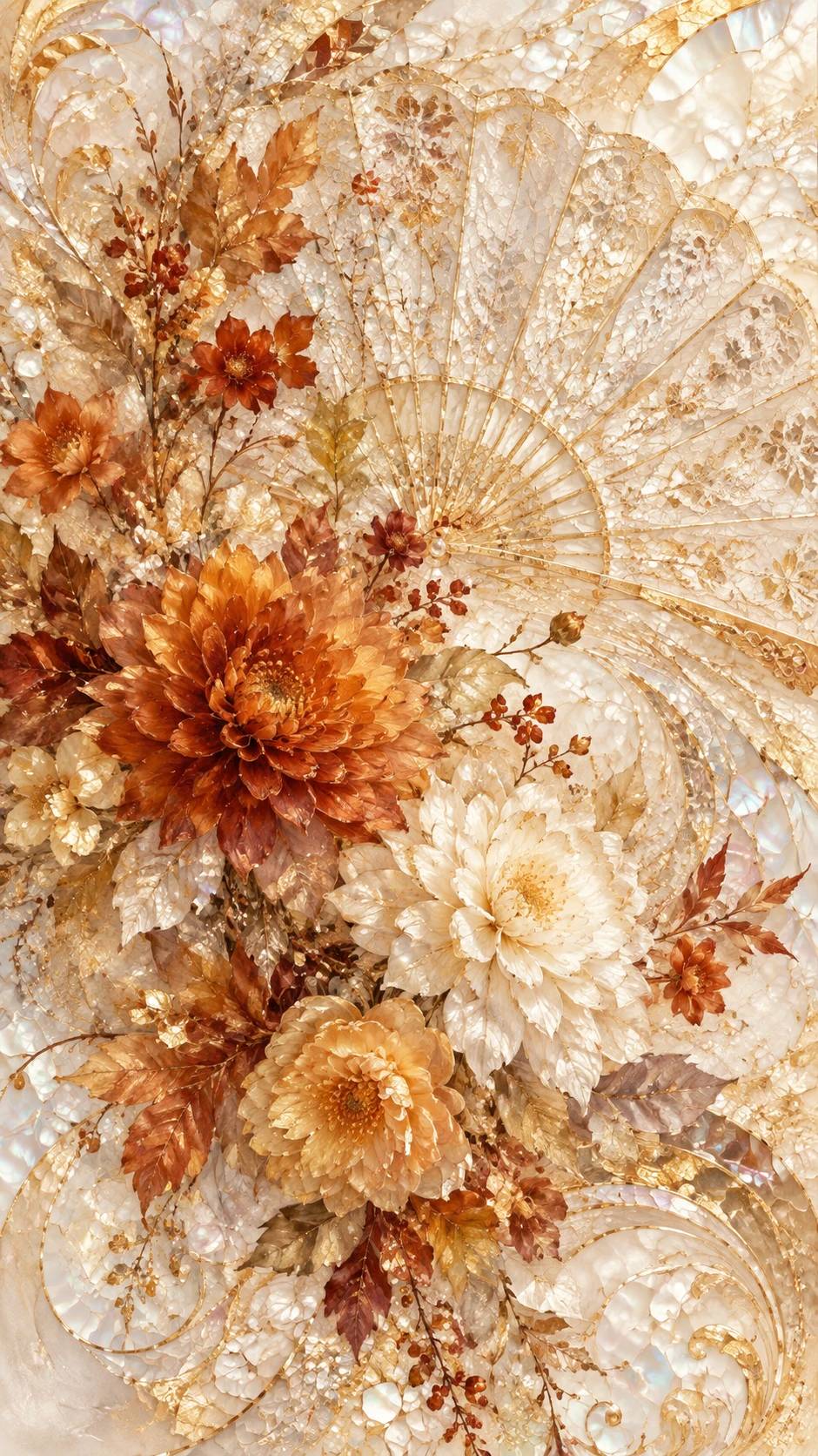 Herbstblumen mit goldenem Spitzenfächer und abstraktem Mosaik