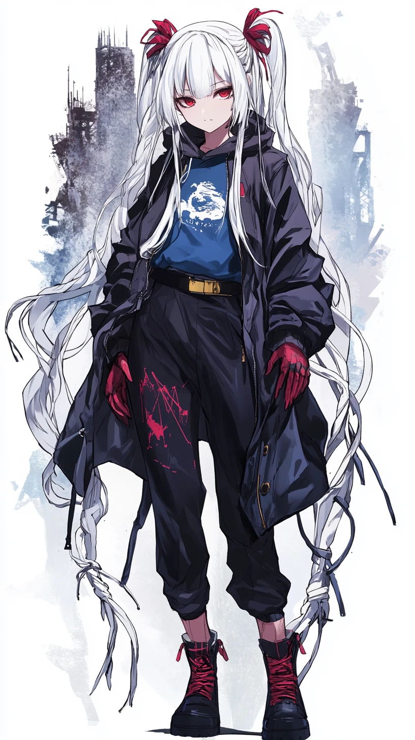 Garota de anime de cabelo branco com casaco preto e botas militares