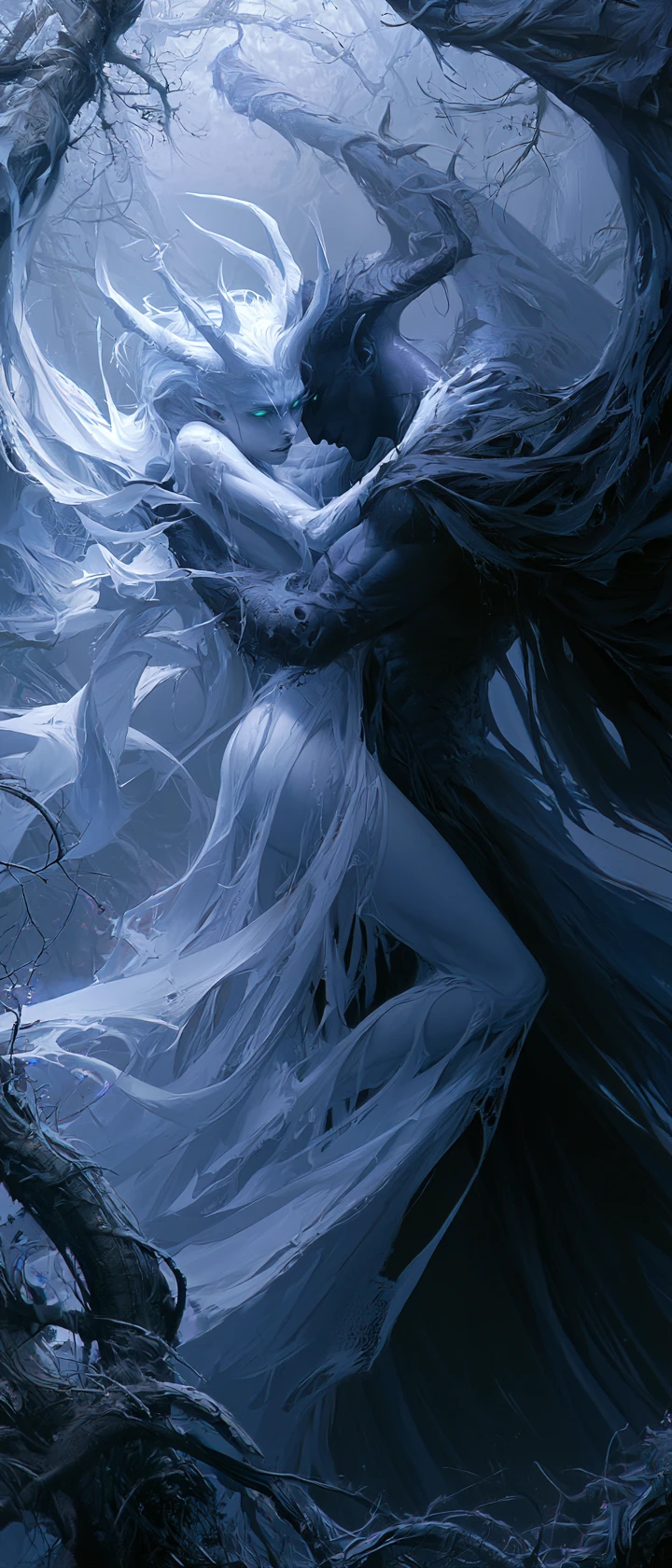 Demon woman embracing angel in a moonlit mystic garden