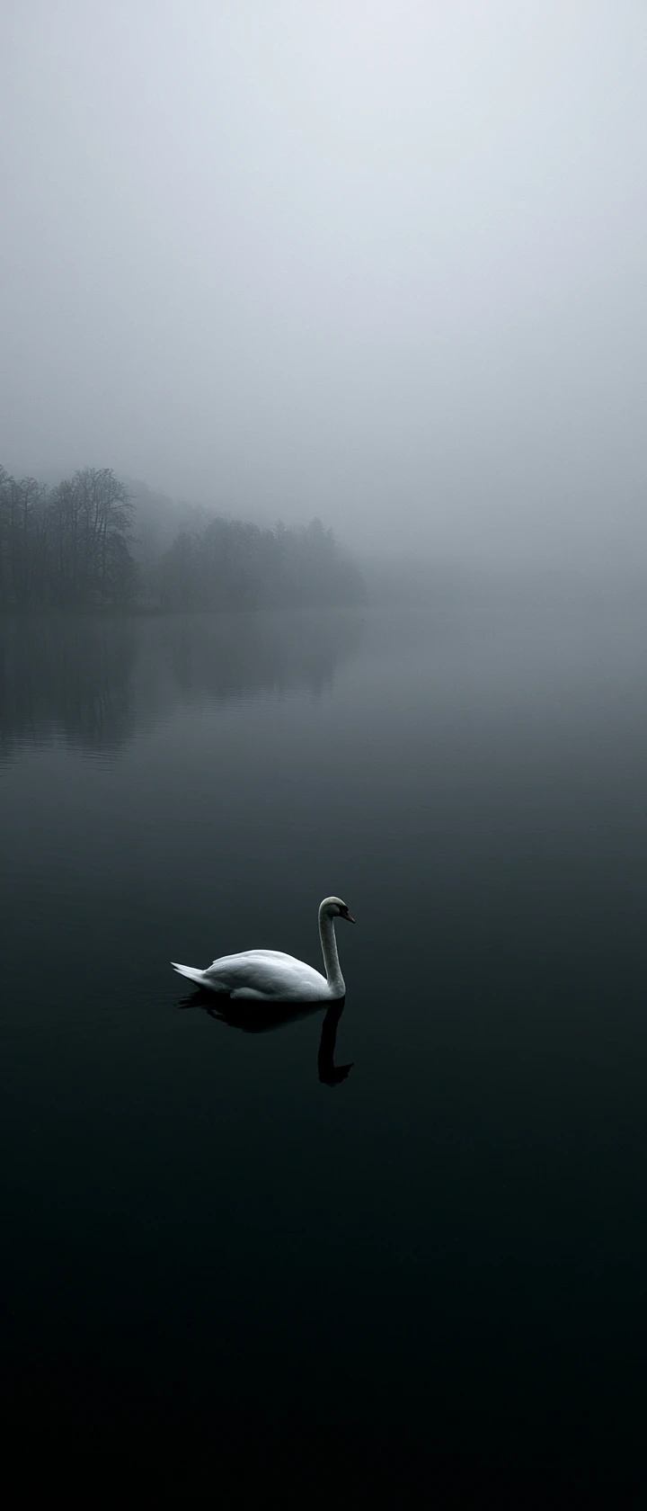 Cygne blanc glissant sur un lac sombre, brumeux et réfléchissant
